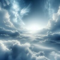 Сюрреалистическое небо, наполненное сияющими, мягкими облаками, простирающимися до горизонта, окутано эфирным светом. Воздушные образования наверху напоминают крылья или небесные фигуры, создавая спокойную, райскую атмосферу в оттенках голубого и белого, пробуждая образ небесного мира. Эта сцена символически отражает День Аласт — момент, когда каждая душа предстала перед Богом и ответила на Его вечный вопрос: «Разве Я не ваш Господь?» — ответом «Да», который сформировал само существование.