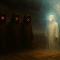 Символическая иллюстрация, изображающая трёх тёмных фигур в капюшонах с красными крестами на лицах, представляющих Абу Бакра, Умара и их последователей как грешников, в контрасте с сияющей белой фигурой, окутанной божественным светом, символизирующей Имама Али (А.С.) как истинного наставника. На фоне — райский пейзаж с растительностью, реками и светлой атмосферой, подчёркивающий противопоставление между порочностью и божественной истиной.