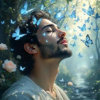 Hadith about Speech. A serene Middle Eastern man’s face in a heavenly forest, exhaling golden butterflies and glowing flowers – symbolizing the power of truthful speech in Islamic teachings. Ethereal digital painting with warm gold and green tones.