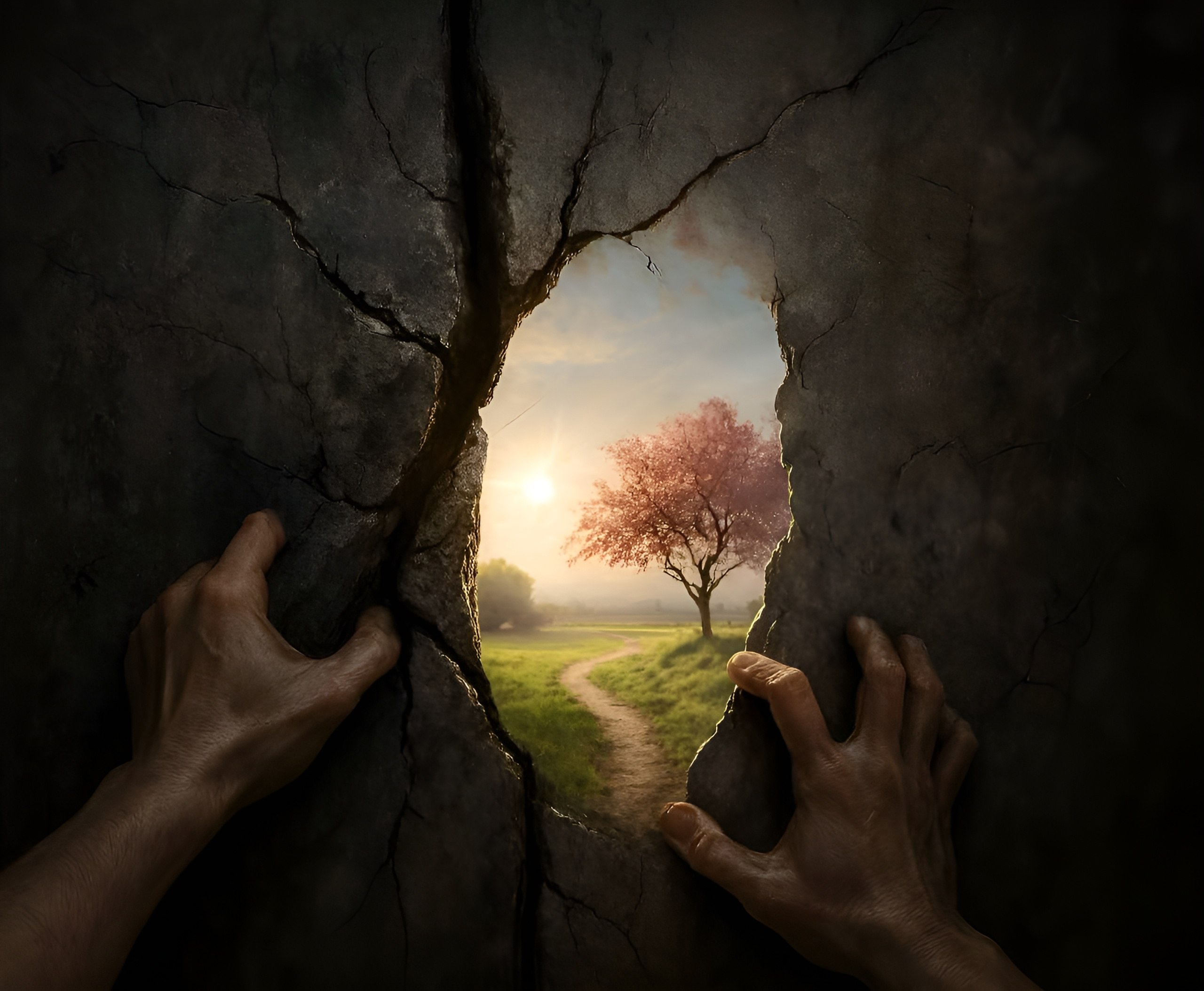 Serene river flowing through lush greenery with forested mountains in the background under a sunlit sky