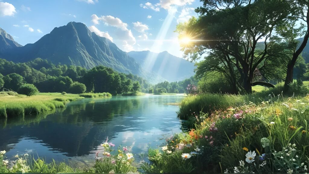 Serene river flowing through lush greenery with forested mountains in the background under a sunlit sky