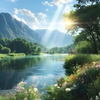 Serene river flowing through lush greenery with forested mountains in the background under a sunlit sky