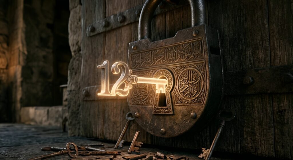 A massive ancient iron padlock engraved with intricate Arabic Quranic calligraphy hangs on a rustic wooden door. In the keyhole, a single ornate, glowing golden key shaped like the English number 12 is inserted, radiating a warm light. Scattered on the stone floor below are dozens of old, broken, and rusted keys, emphasizing that only the number 12 key fits the lock.